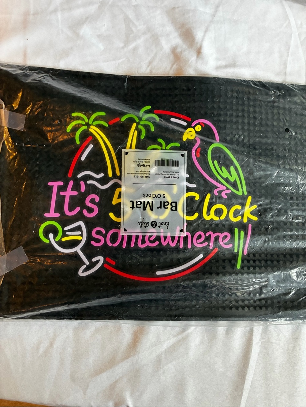 Black "It's 5 O'Clock Somewhere" Neon Bar Mat